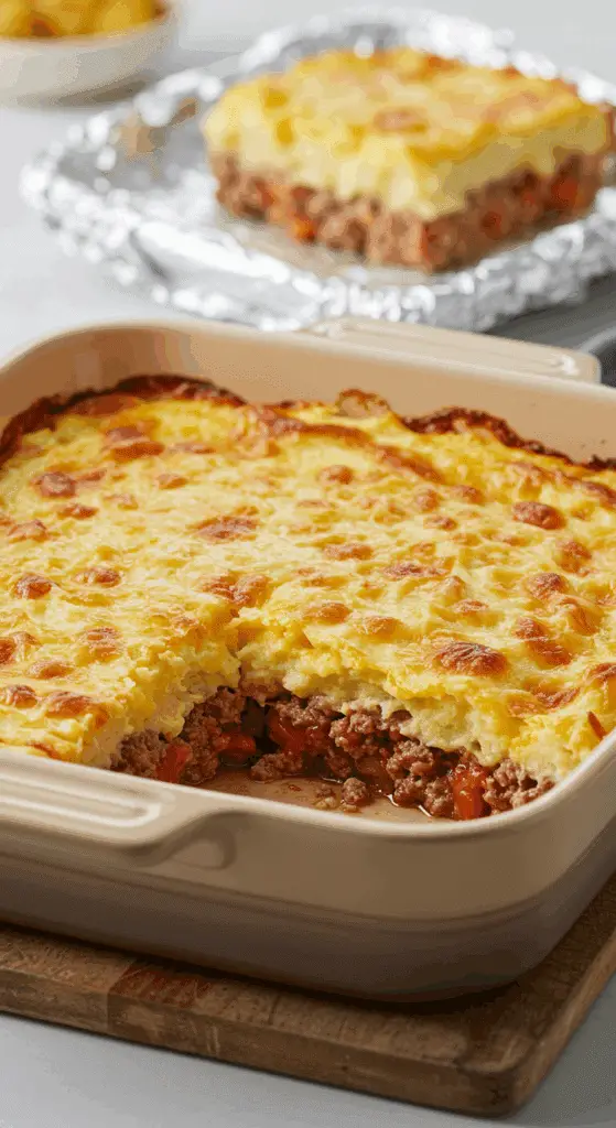 A beautiful, golden-brown homemade Meatloaf and Mashed Potato Casserole, with a second, unbaked casserole wrapped for the freezer in the background to show it's a make-ahead meal.