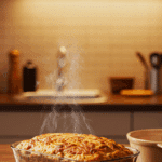 A person looking happy and relieved while pulling a hot, bubbly, and golden-brown, pre-made Meatloaf Casserole out of the oven on a busy weeknight.