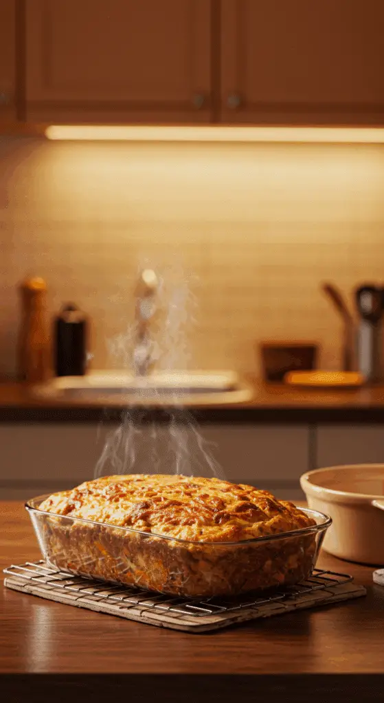 A person looking happy and relieved while pulling a hot, bubbly, and golden-brown, pre-made Meatloaf Casserole out of the oven on a busy weeknight.
