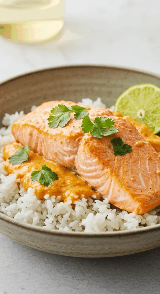 A beautiful, rustic bowl of homemade, easy Microwave Salmon, with a moist, pink salmon filet in a luscious, reddish-orange coconut red curry broth over rice.