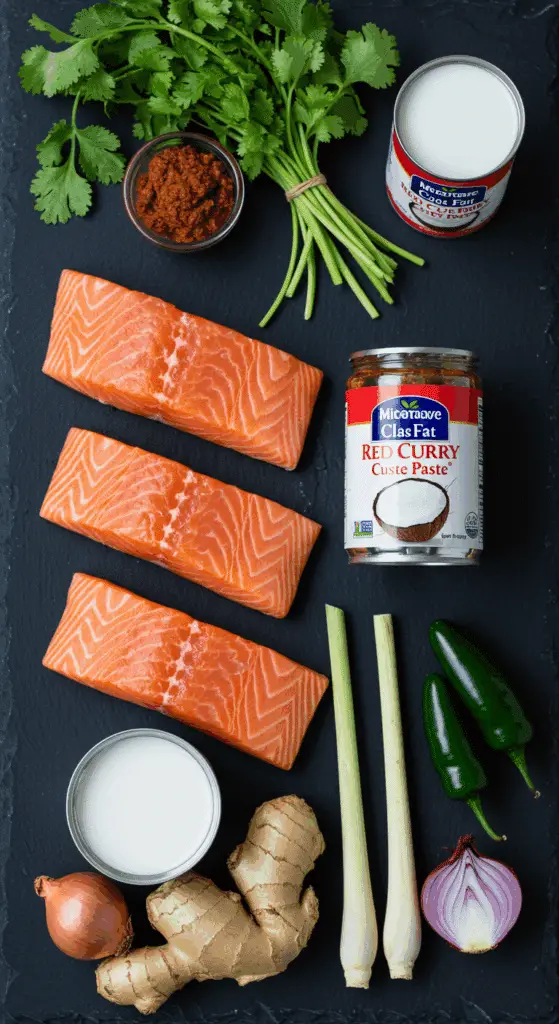 The simple, fresh ingredients for the classic and easy Microwave Red Curry Salmon recipe.
