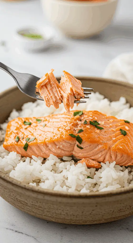 A cozy bowl of homemade, moist Microwave Salmon in a red curry sauce being enjoyed with a fork for a casual, healthy dinner.