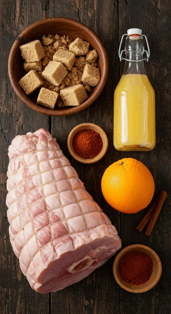 The simple, from-scratch ingredients for the classic and impressive Holiday "Millionaire's" Glazed Ham recipe.