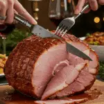 The whole, homemade, impressive, and glazed "Millionaire's" Ham being carved as the centerpiece at a fun and sophisticated Christmas party.