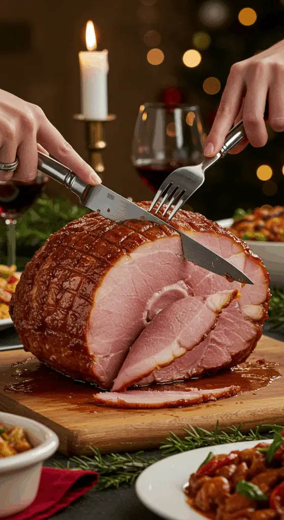 The whole, homemade, impressive, and glazed "Millionaire's" Ham being carved as the centerpiece at a fun and sophisticated Christmas party.