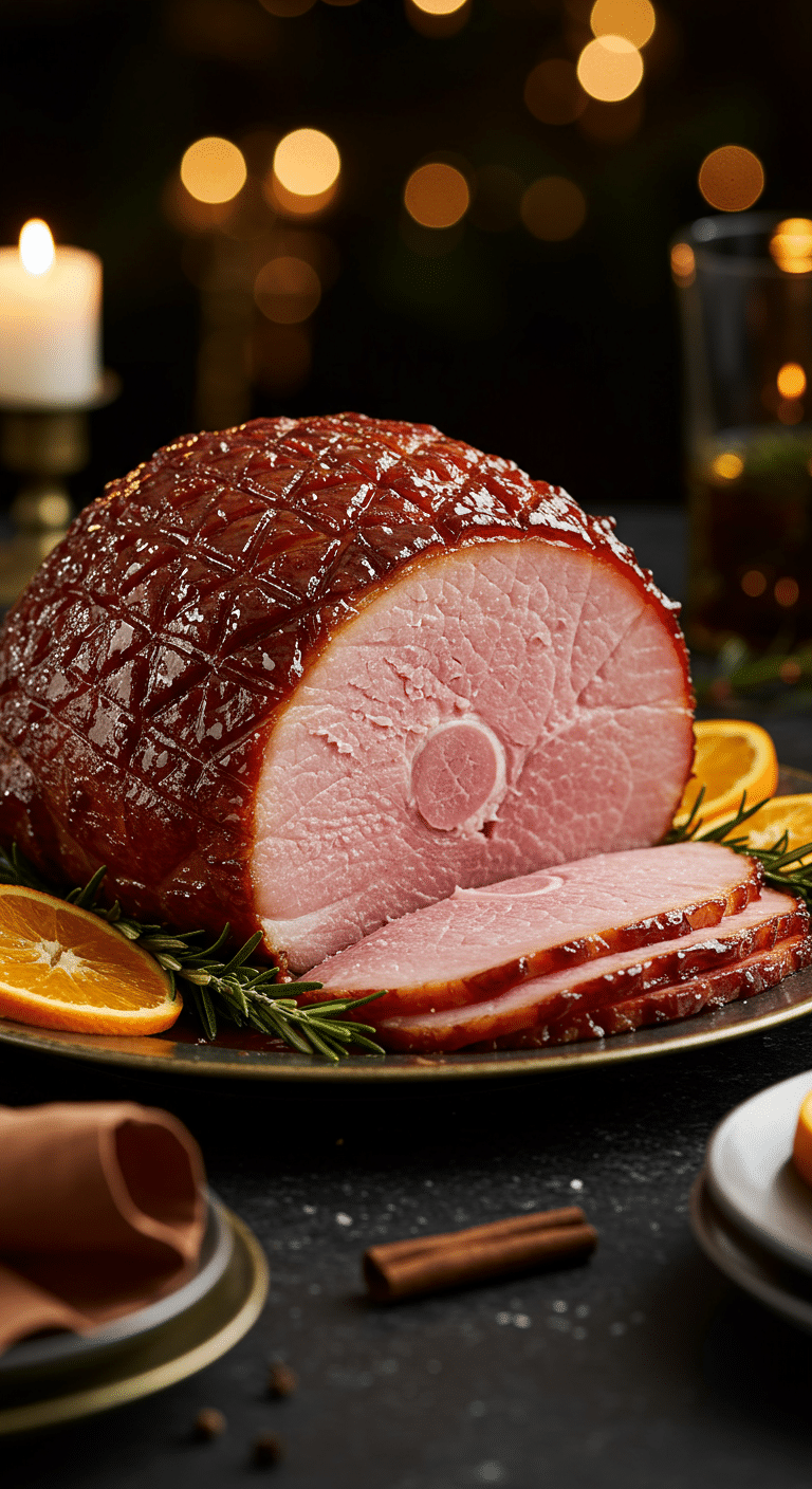 A beautiful, elegant platter with a homemade, juicy, and impressive Holiday "Millionaire's" Glazed Ham, with a glossy, dark brown sugar glaze and a juicy, pink slice cut from the end.