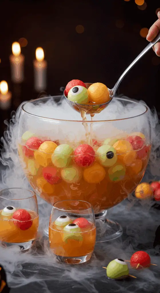 A beautiful, large glass punch bowl of a homemade, spooky, and orange "Monster Melon" Punch, with creepy, colorful melon ball "eyeballs" and a dry ice fog effect.