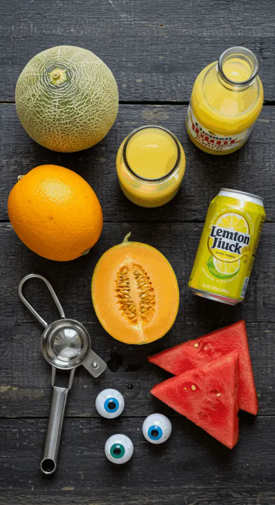The simple, from-scratch ingredients for the easy and spooky "Monster Melon" Punch recipe.