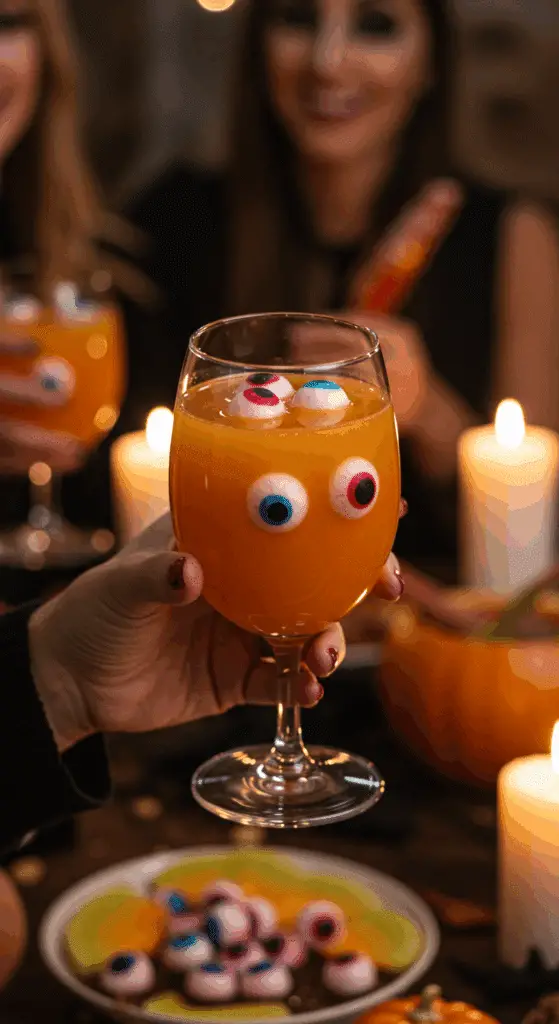 A hand holding an elegant glass of a homemade, orange, and spooky "Monster Melon" Punch at a fun and festive Halloween party.