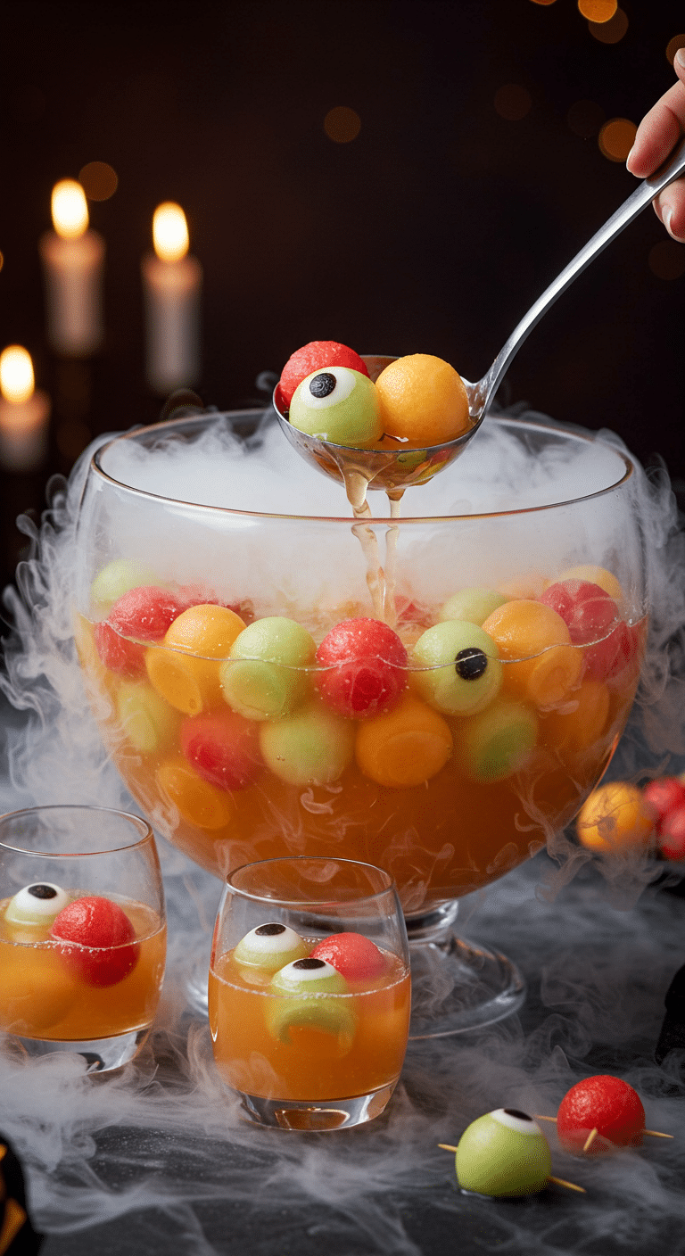 A beautiful, large glass punch bowl of a homemade, spooky, and orange "Monster Melon" Punch, with creepy, colorful melon ball "eyeballs" and a dry ice fog effect.