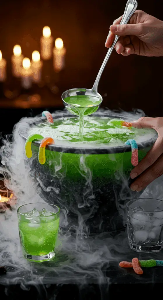 A beautiful, large, cauldron-shaped punch bowl of a homemade, spooky, and green "Mummy's Brew" Punch, with a bubbling top, creepy gummy worms, and a dry ice fog effect.