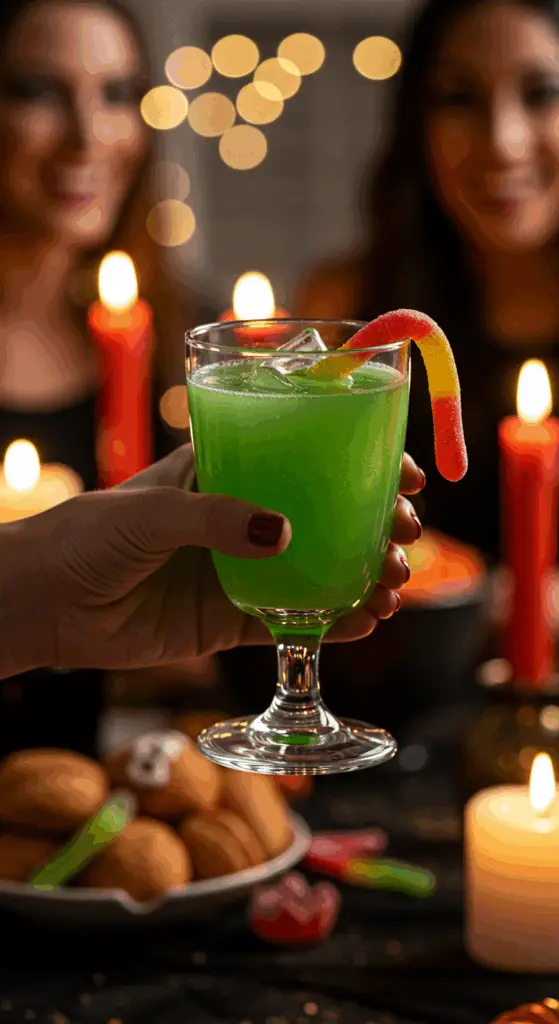 A hand holding an elegant glass of a homemade, green, and spooky "Mummy's Brew" Punch at a fun and festive Halloween party.