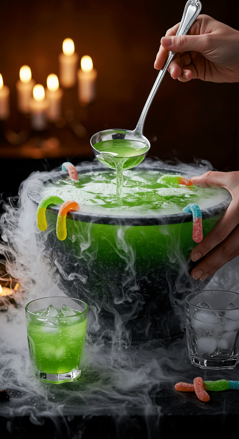 A beautiful, large, cauldron-shaped punch bowl of a homemade, spooky, and green "Mummy's Brew" Punch, with a bubbling top, creepy gummy worms, and a dry ice fog effect.