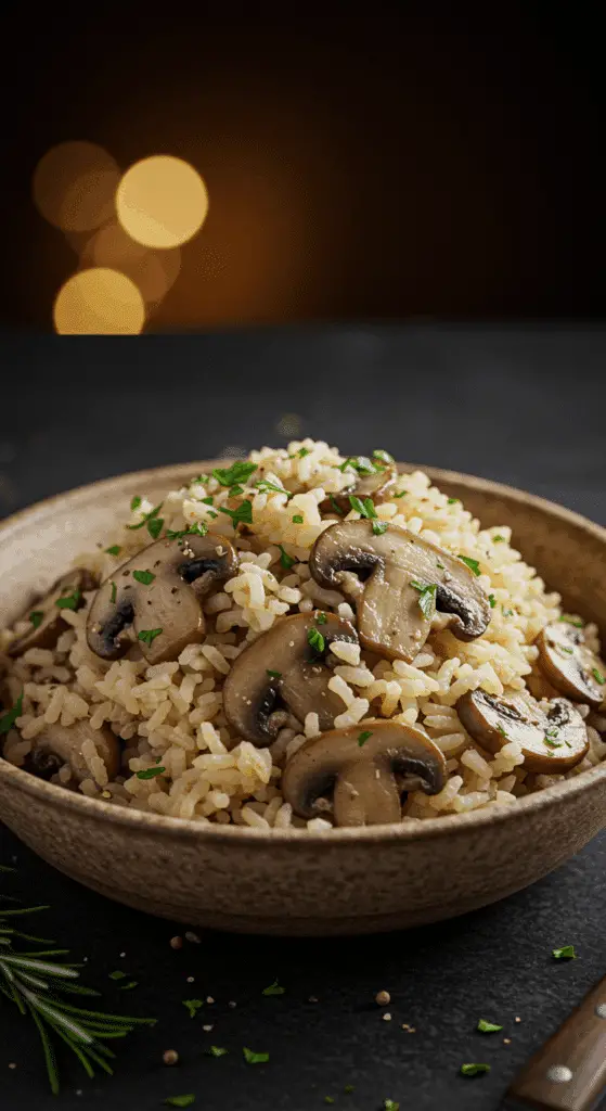 A beautiful, rustic bowl of homemade, fluffy, and flavorful Mushroom Rice Pilaf, with savory, browned mushrooms and fresh rosemary.