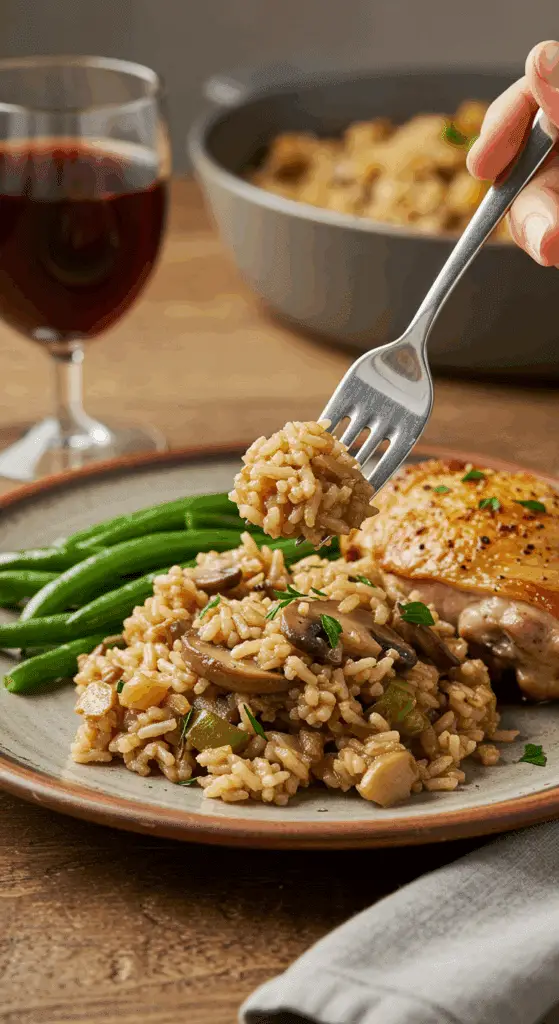 A cozy plate of homemade, fluffy Mushroom Rice Pilaf being served with a roasted chicken thigh and green beans for a family dinner.