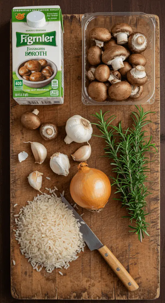 The simple, from-scratch ingredients for the classic and flavorful one-pot Mushroom Rice Pilaf.