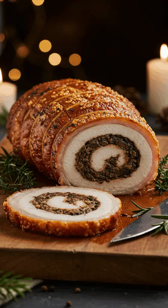 A beautiful, rustic cutting board with a homemade, juicy, and impressive Holiday Stuffed Pork Roulade, with a crispy crust and a beautiful, spiral-stuffed slice cut from the end.
