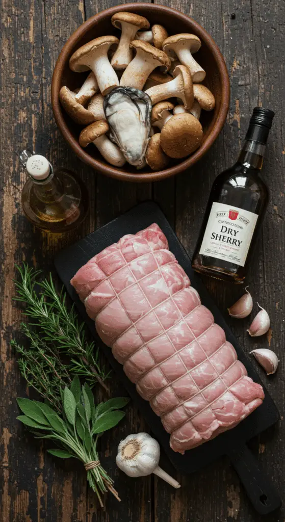 The simple, from-scratch ingredients for the classic and impressive Holiday Mushroom-Stuffed Pork Roulade.