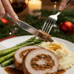 A beautiful plate of a homemade, thick, and juicy, spiral-stuffed slice of a Pork Roulade, being served with mashed potatoes and roasted asparagus at a Christmas dinner.