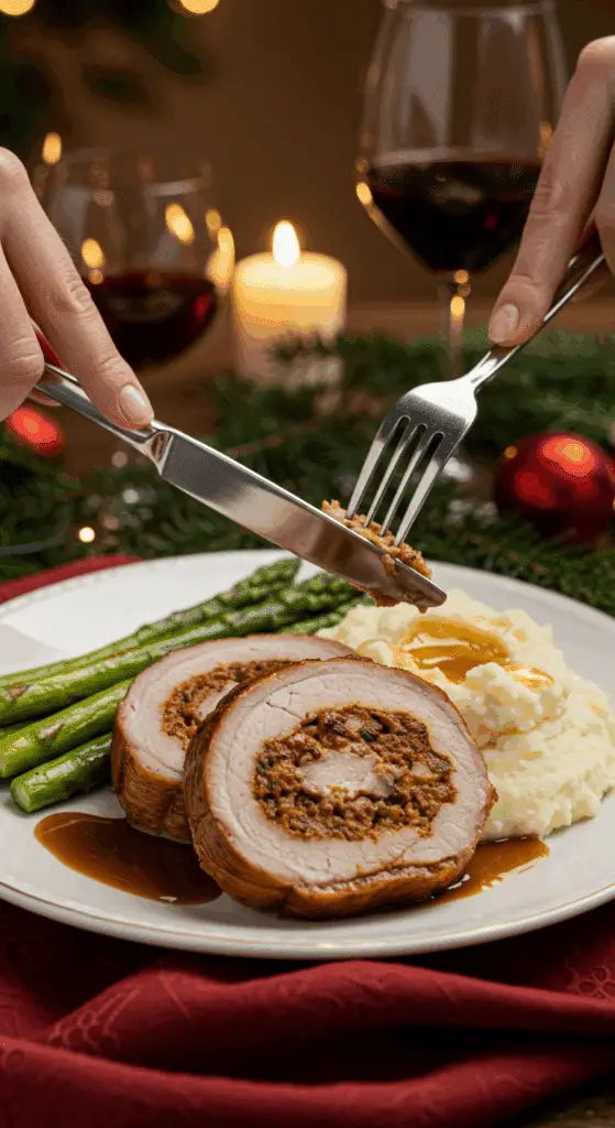 A beautiful plate of a homemade, thick, and juicy, spiral-stuffed slice of a Pork Roulade, being served with mashed potatoes and roasted asparagus at a Christmas dinner.