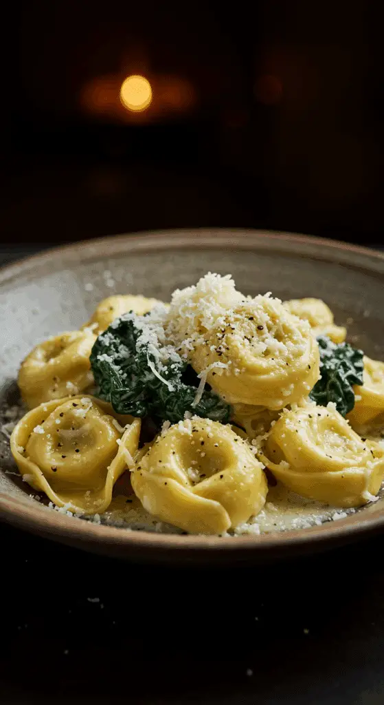 A beautiful, rustic bowl of homemade, creamy, and pan-seared One-Pan Cacio e Pepe Tortellini, with a luscious, non-clumpy cheese and pepper sauce.