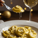 An elegant plate of homemade, creamy Cacio e Pepe Tortellini being enjoyed for a sophisticated and romantic, candlelit dinner.