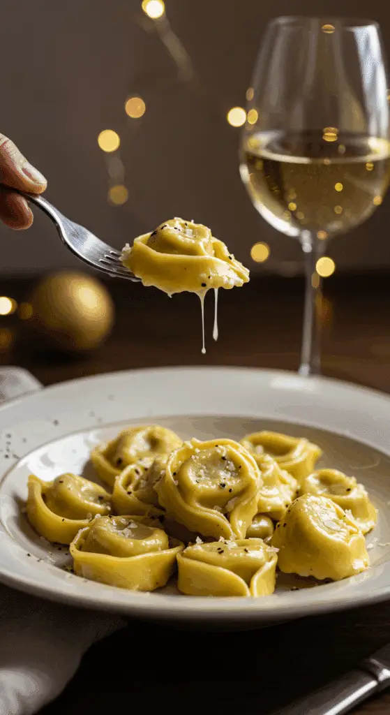 An elegant plate of homemade, creamy Cacio e Pepe Tortellini being enjoyed for a sophisticated and romantic, candlelit dinner.