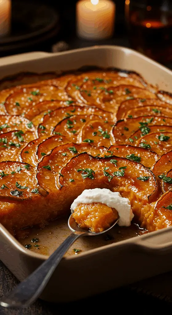 A beautiful, rustic baking dish of homemade, easy, and elegant Orange and Maple Roasted Butternut Squash, with a glossy glaze and a beautiful, fanned-out, tiled pattern.
