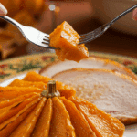 A beautiful plate of a homemade, elegant, and fanned-out Roasted Butternut Squash, being served with a thick slice of a roasted turkey at a Thanksgiving dinner.