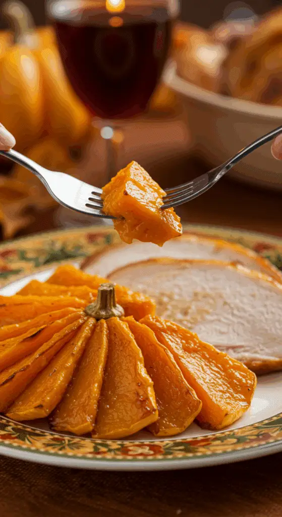 A beautiful plate of a homemade, elegant, and fanned-out Roasted Butternut Squash, being served with a thick slice of a roasted turkey at a Thanksgiving dinner.