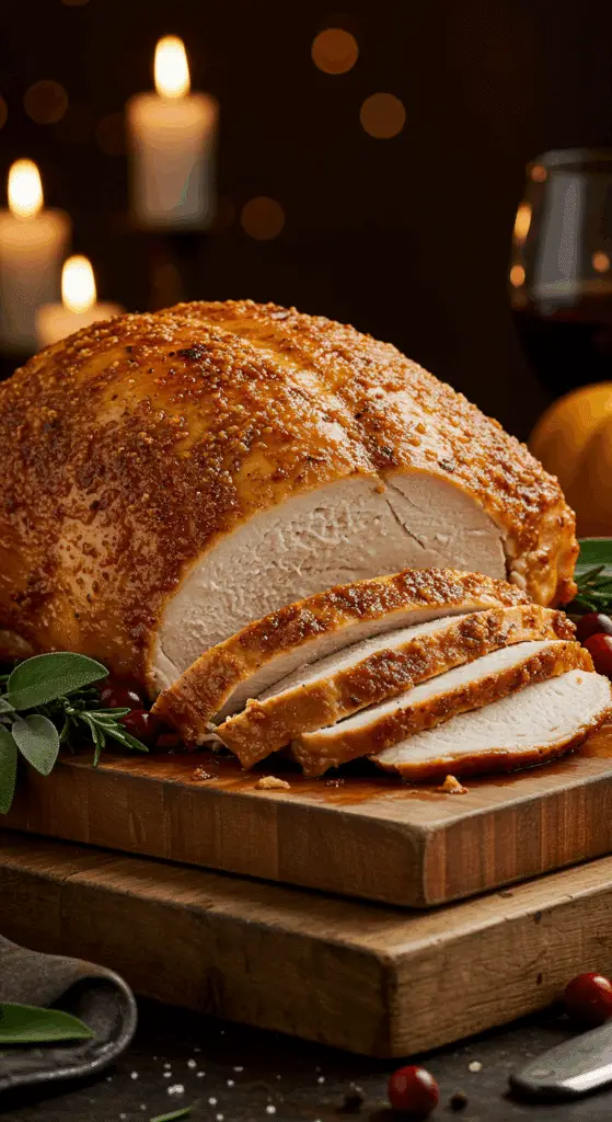 A beautiful, rustic cutting board with a homemade, juicy, and impressive Thanksgiving Spatchcock Turkey, with a crispy, golden-brown Parmesan crust and a few thick, moist slices carved from the breast.