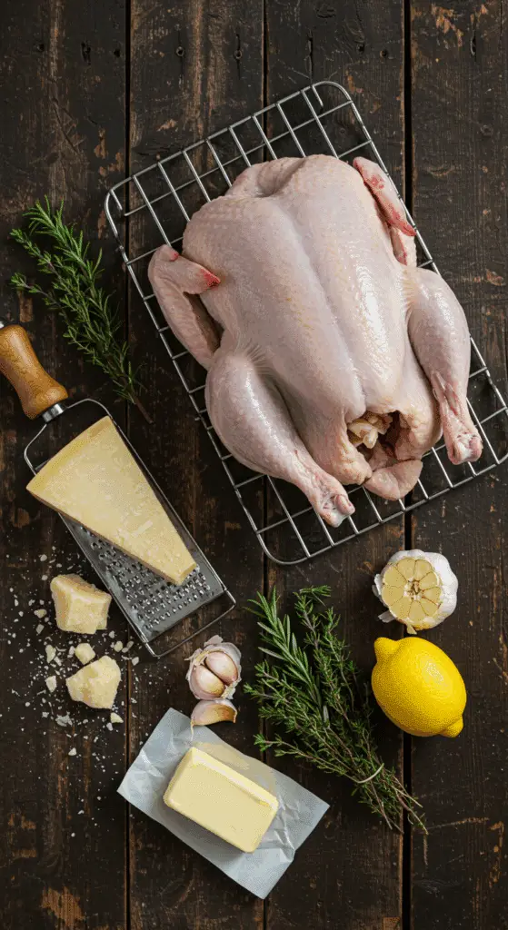 The simple, from-scratch ingredients for the classic and impressive Holiday Parmesan-Crusted Turkey.