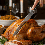 The whole, homemade, impressive, and golden-brown Parmesan-Crusted Turkey being carved as the centerpiece at a fun and sophisticated Thanksgiving party.