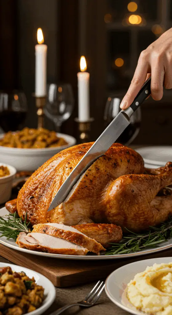 The whole, homemade, impressive, and golden-brown Parmesan-Crusted Turkey being carved as the centerpiece at a fun and sophisticated Thanksgiving party.