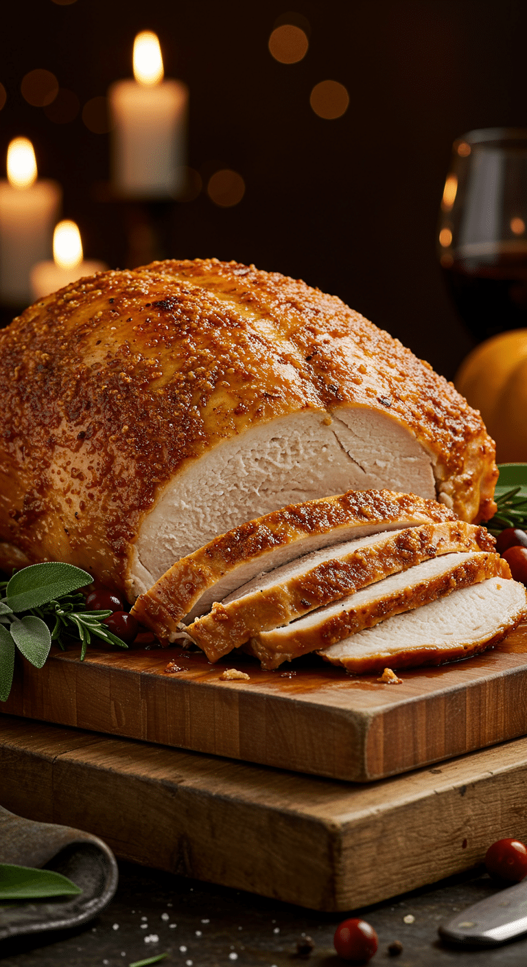 A beautiful, rustic cutting board with a homemade, juicy, and impressive Thanksgiving Spatchcock Turkey, with a crispy, golden-brown Parmesan crust and a few thick, moist slices carved from the breast.