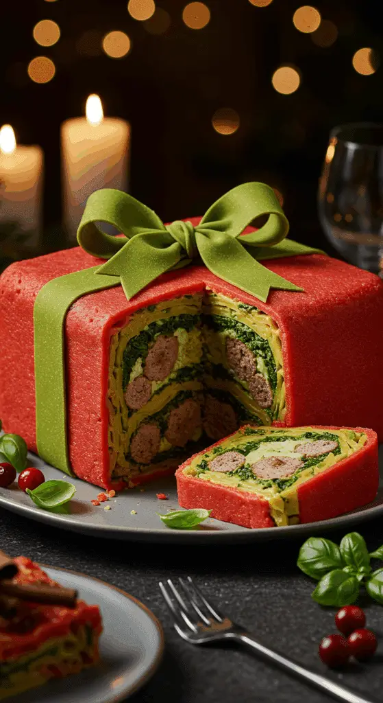 A beautiful, elegant platter with a homemade, impressive, and savory Pasta Christmas Present, wrapped in a red and green fresh pasta with a perfect, layered slice cut from the side.