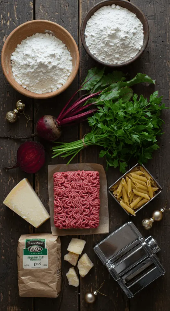 The simple, from-scratch ingredients for the classic and impressive Holiday Pasta Christmas Present.