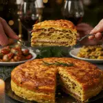 The whole, homemade, impressive, and festive Pasta Christmas Present being served as the centerpiece at a fun and sophisticated Christmas party.