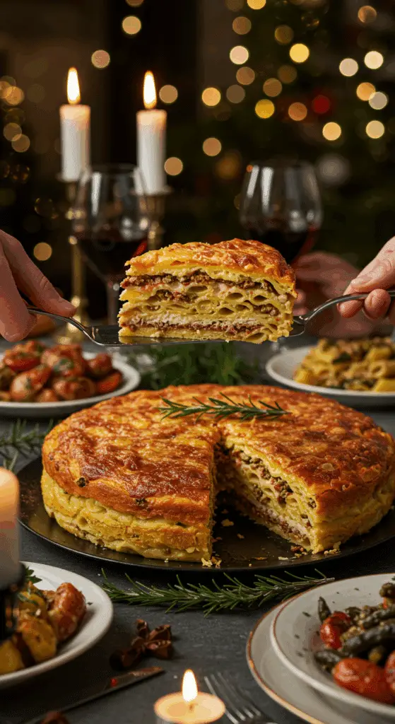 The whole, homemade, impressive, and festive Pasta Christmas Present being served as the centerpiece at a fun and sophisticated Christmas party.