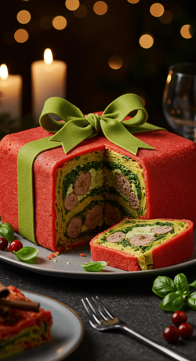 A beautiful, elegant platter with a homemade, impressive, and savory Pasta Christmas Present, wrapped in a red and green fresh pasta with a perfect, layered slice cut from the side.