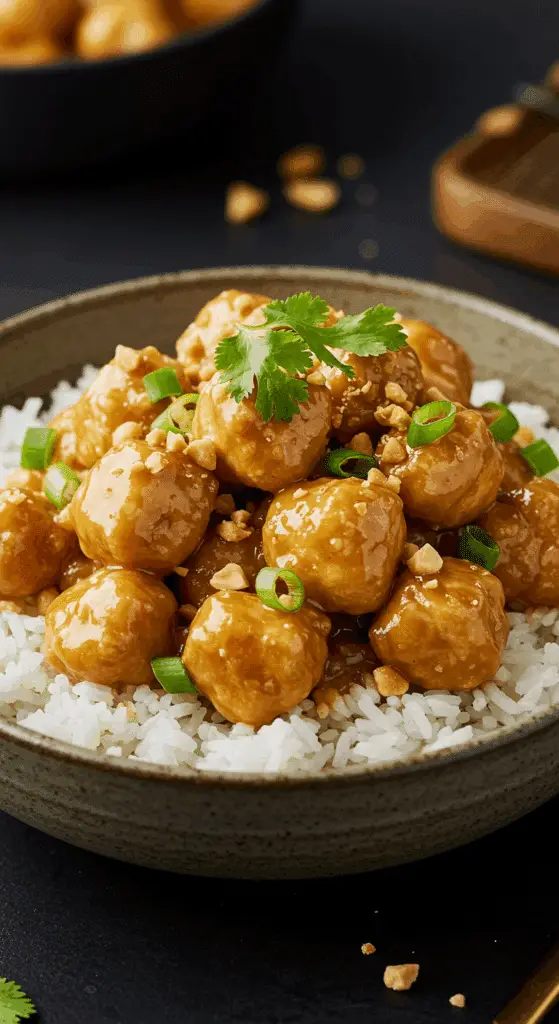 A beautiful, rustic bowl of homemade, easy, and creamy Peanut Chicken, with a glossy, light brown peanut sauce, served over a bed of fluffy rice and garnished with cilantro.