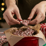 A pair of hands carefully arranging beautiful, colorful shards of a homemade Peppermint Bark in a festive, red holiday tin as a homemade Christmas gift.