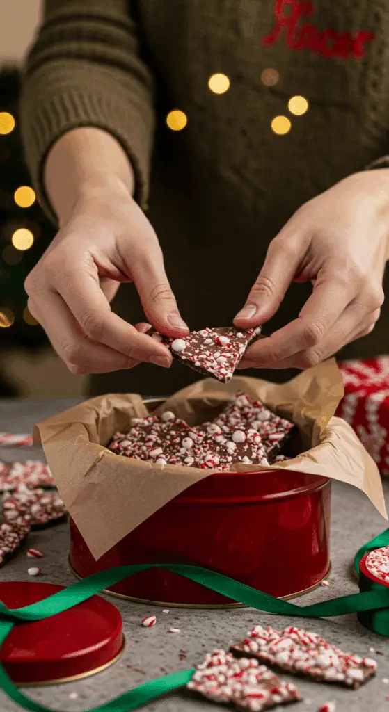 A pair of hands carefully arranging beautiful, colorful shards of a homemade Peppermint Bark in a festive, red holiday tin as a homemade Christmas gift.
