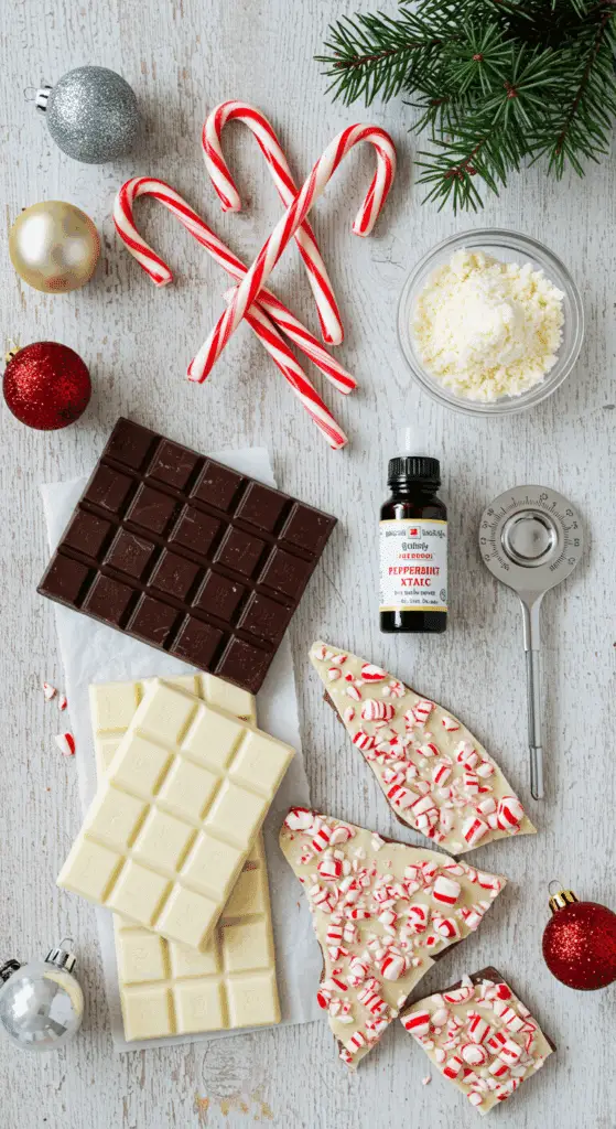 The simple, from-scratch ingredients for the easy and festive Classic Peppermint Bark.
