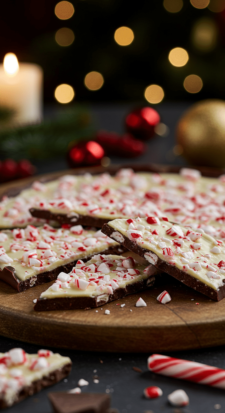 A beautiful, rustic platter of homemade, festive Peppermint Bark, with distinct, glossy layers of dark and white chocolate and a crushed candy cane topping.