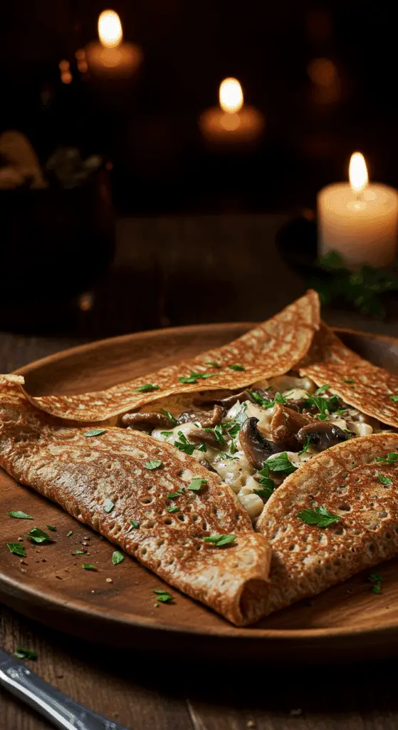A beautiful, rustic plate with a homemade, easy, and authentic Buckwheat Crepe, with lacy, golden-brown edges and a creamy mushroom filling peeking out.