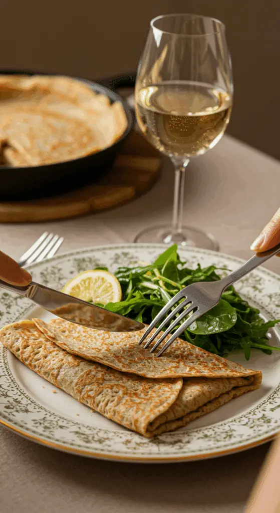 A beautiful plate of a homemade, elegant, and savory Buckwheat Crepe, being served with a simple green salad at a brunch party.