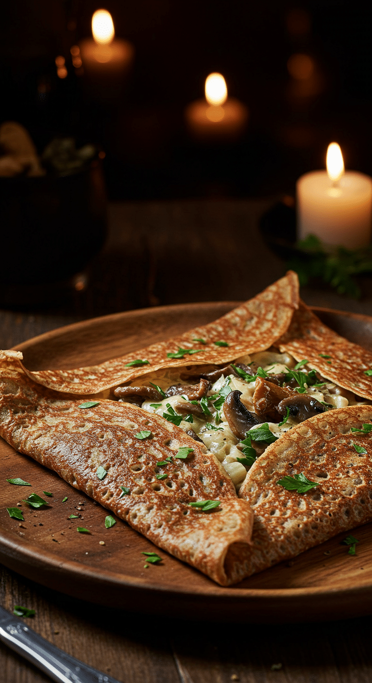 A beautiful, rustic plate with a homemade, easy, and authentic Buckwheat Crepe, with lacy, golden-brown edges and a creamy mushroom filling peeking out.