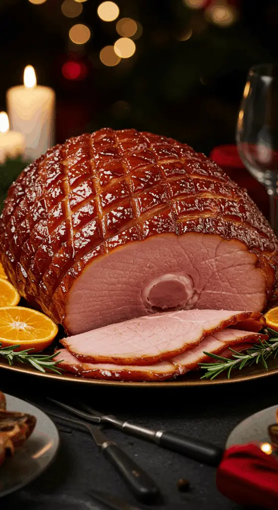 A beautiful, elegant platter with a homemade, juicy, and impressive Holiday Glazed Ham, with a glossy, dark glaze and a juicy, pink slice cut from the end.