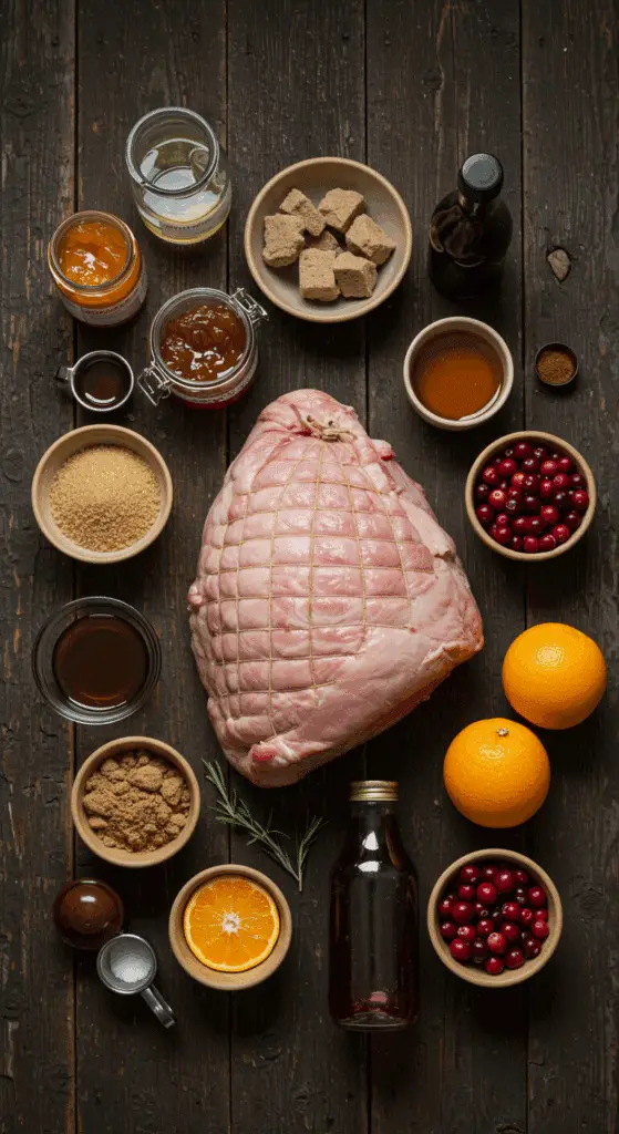 The simple, from-scratch ingredients for a classic Holiday Glazed Ham, showcasing the variety of glaze options.
